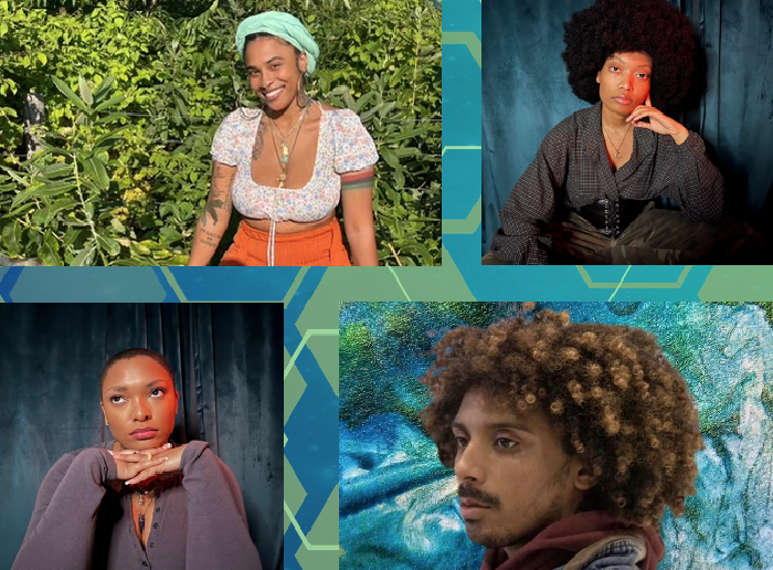 In the top right of the image, A Black woman with a contemplative expression stares at the camera. She has a full afro and is wearing a grey tunic top and camouflage pants. Moving clockwise: A Black man with coiled hair looks off-screen to the left with a contemplative and perhaps even sad expression. A Black woman with close-cut hair rests her chin on her hands. She is wearing a grey button-up shirt and looks intently up and out of the frame. A Black woman in a blue headwrap and a colorful crop top sits in front of a lot of bright green foliage.
