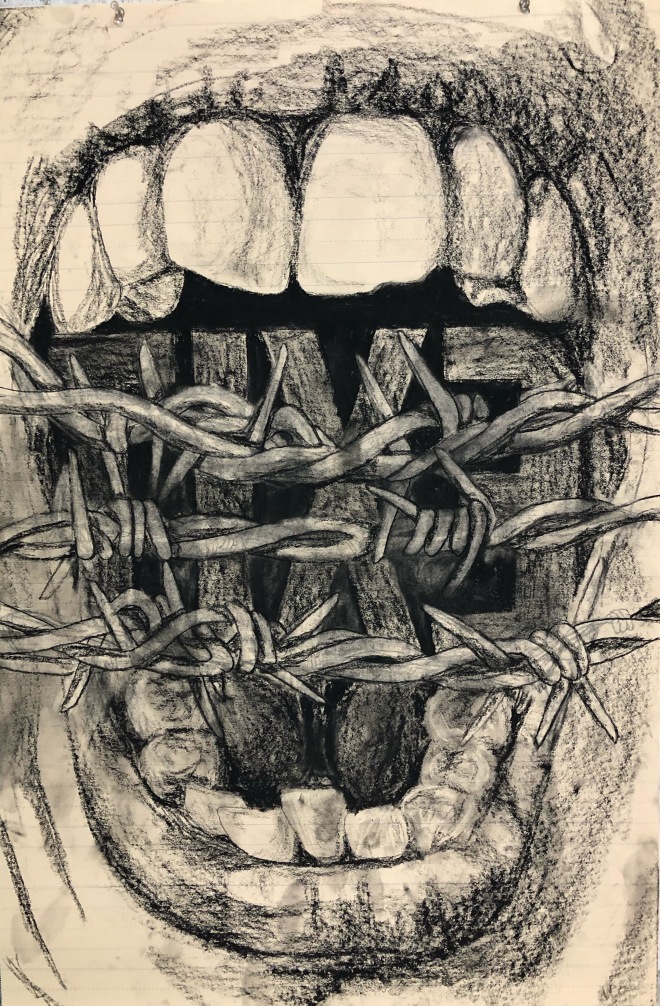 Image description from artist: My gaping mouth fills the entire page of lightly lined paper as I bare my crooked teeth. At the back of the mouth in caps and reversed is an EXIT sign. In front of the mouth are three lines of heavy barbed wire centered in front of the mouth.